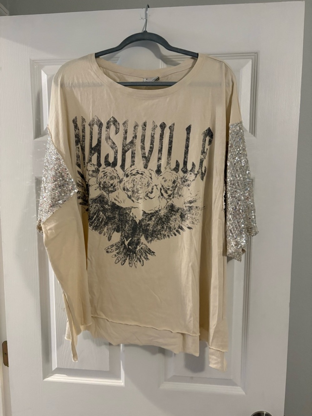 ARULA Beige "Nashville" Graphic Long Sleeve Tee with Sequin Sleeves